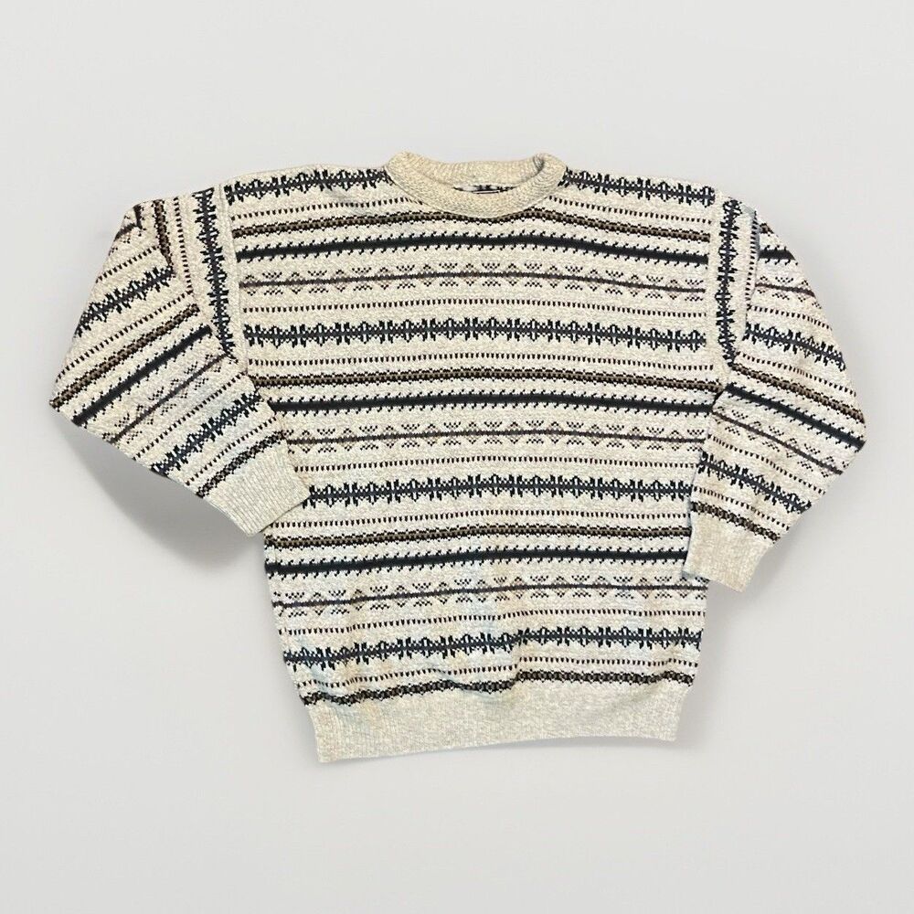 Jantzen Sport Cream Pattern Knit Sweater Cotton Vintage USA Men M